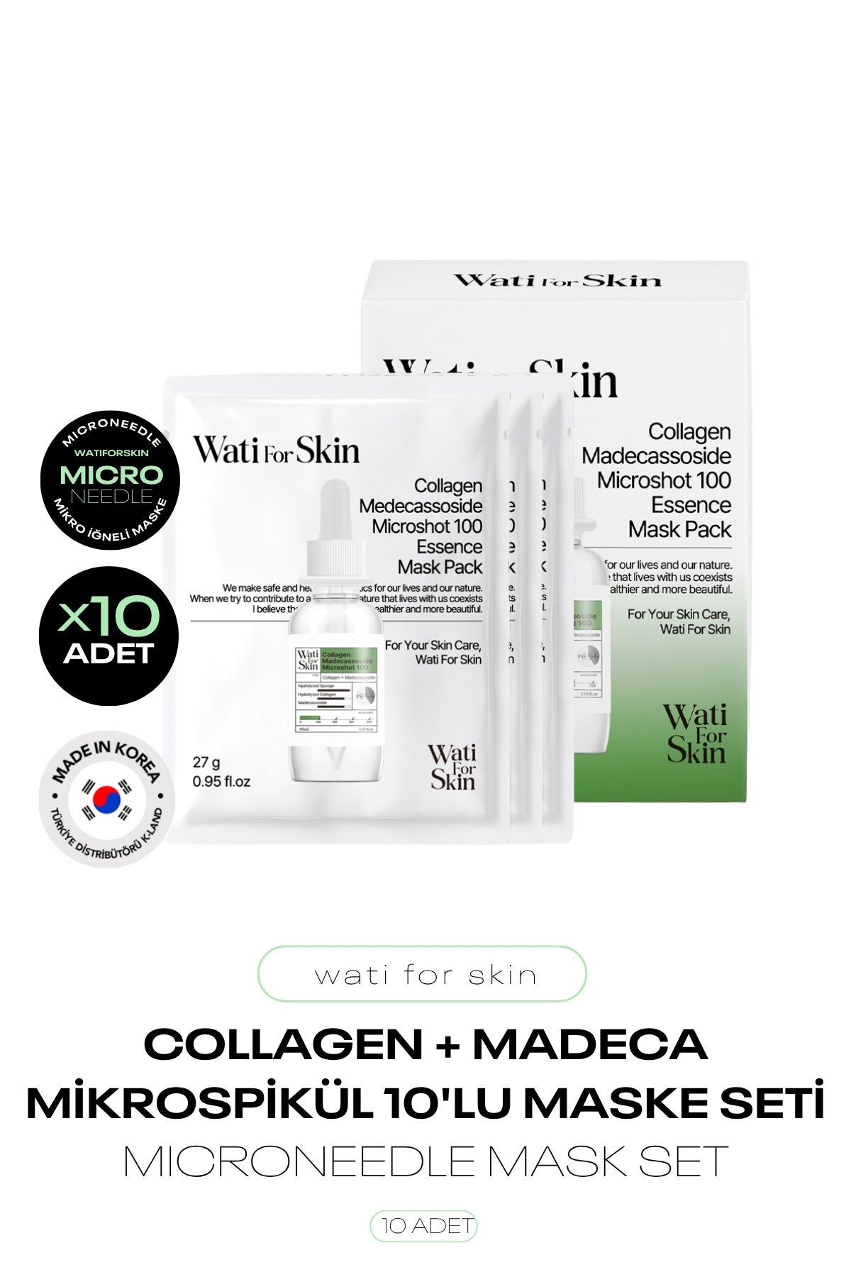 Kolajen ve Madecassoside İçeren Mikro Spikül İğneli Kağıt Maske Wati For Skin Microneedle Mask 10lu - 1